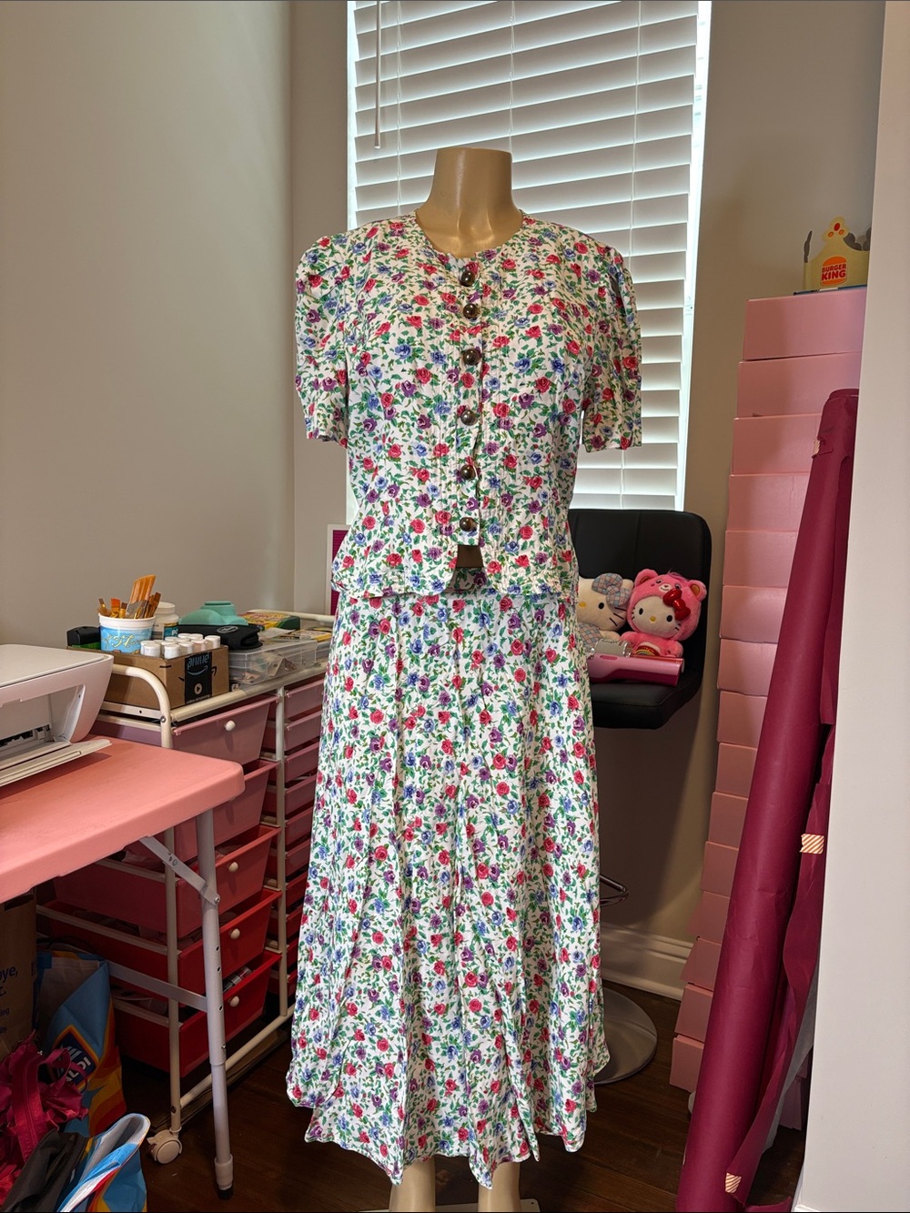 Maggy London White Floral Midi Dress Set with Pink & Green Accents